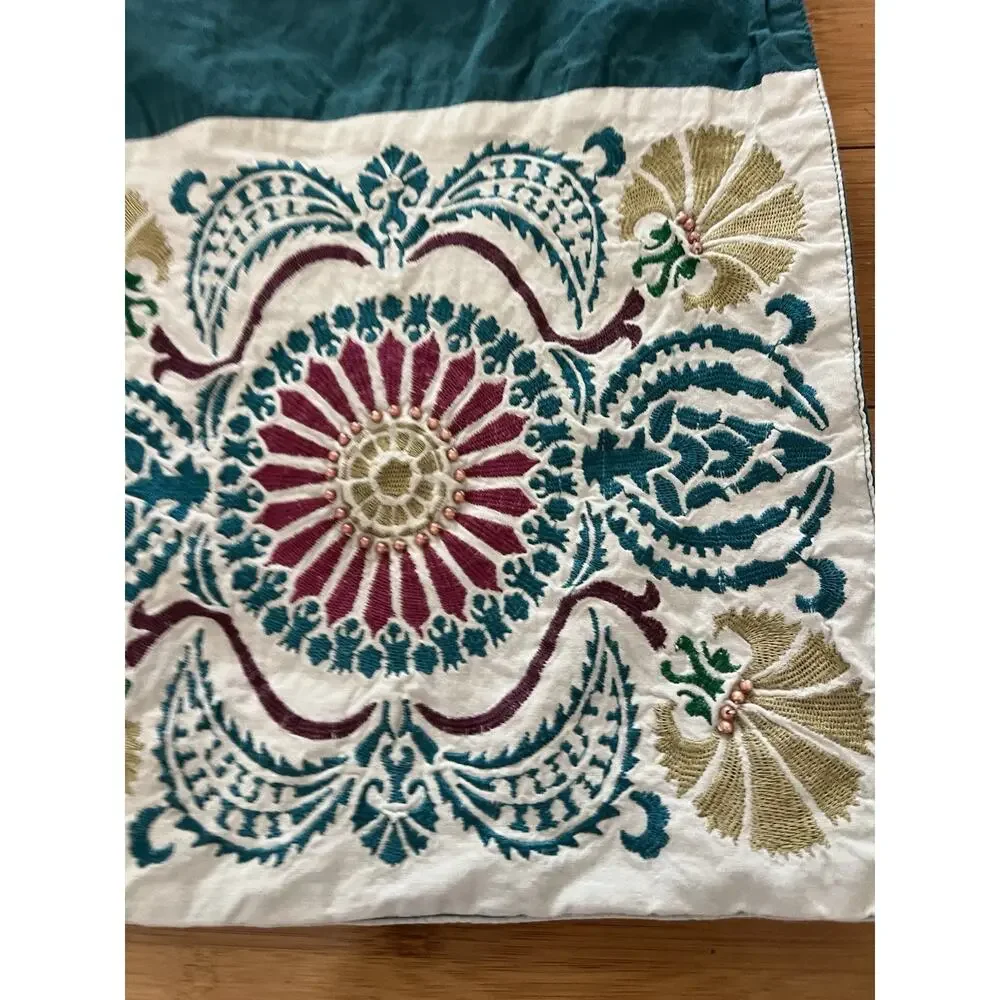 Cotton Floral Teal Embroidered Table Runner 67x12” Boho